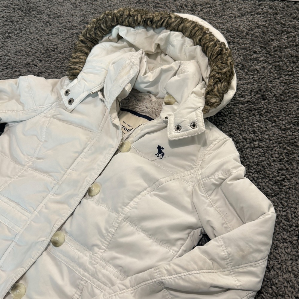 Abercrombie Kids Puffer Jacket Girls White Good Faux Fur Hood XL
